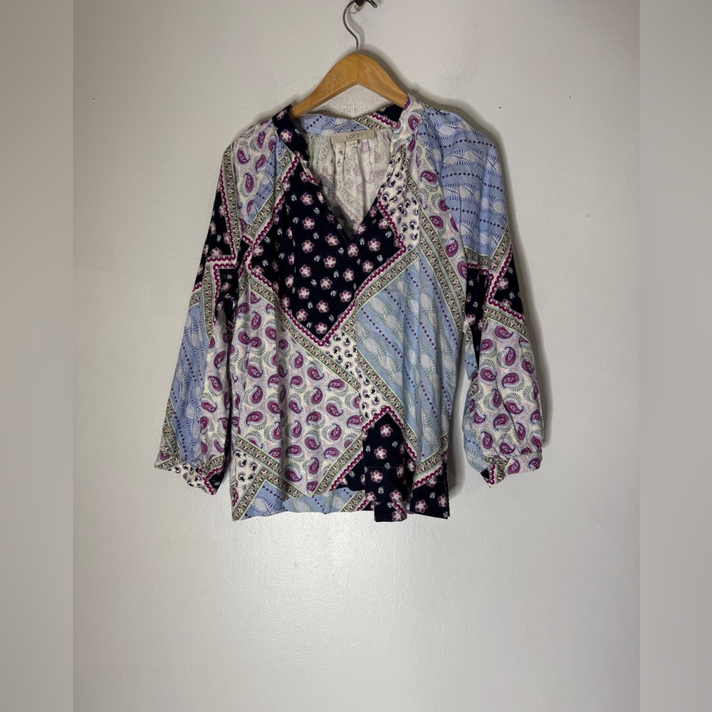 Loft Medium Puff Sleeve Linen Blend‎ Top Patch Print